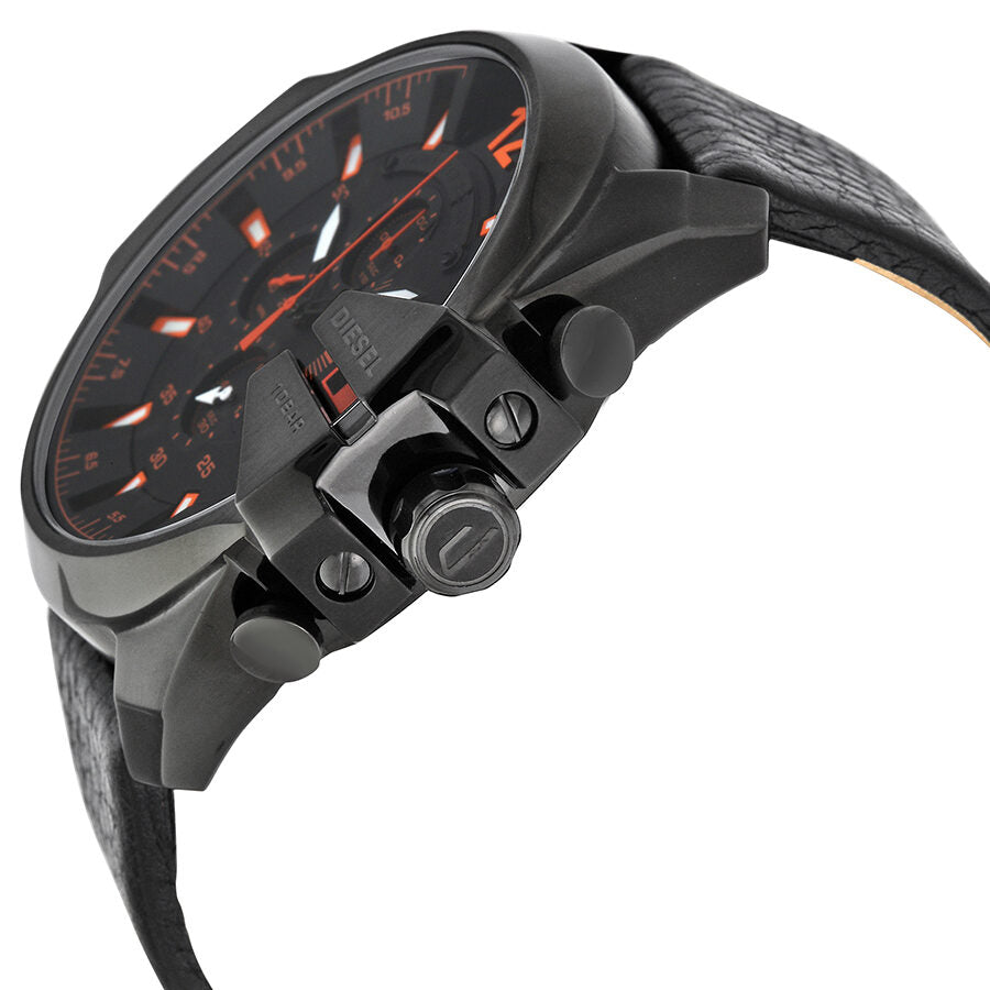 Side angle view of Diesel chronograph showing case profile and crown with black dial and red hands