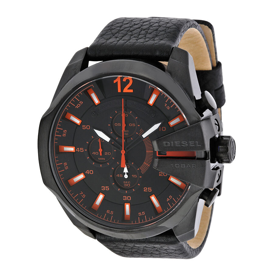 Diesel Mega Chief chronograph watch with black dial, red accents, and black leather strap