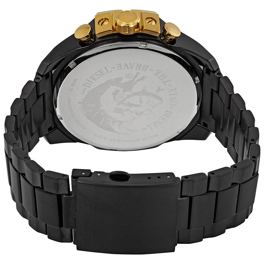Caseback view of Diesel Mega Chief watch showing black stainless steel band
