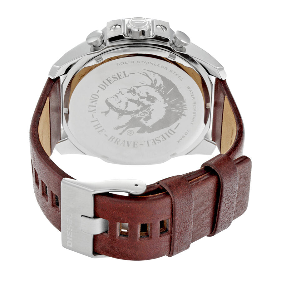 Diesel Mega Chief caseback showing engraved branding and brown leather strap