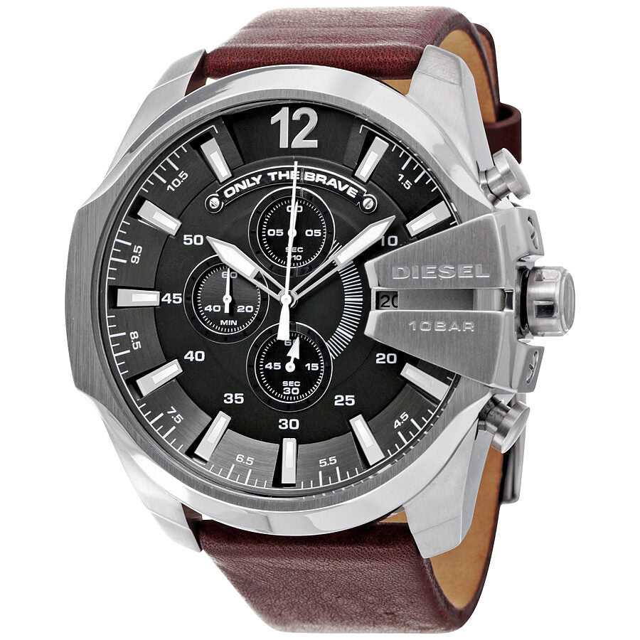 Diesel Mega Chief chronograph watch with grey dial and brown leather strap