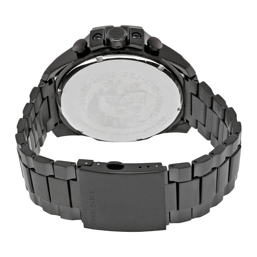 Diesel Mega Chief watch caseback showing black ion-plated stainless steel with engraved logo