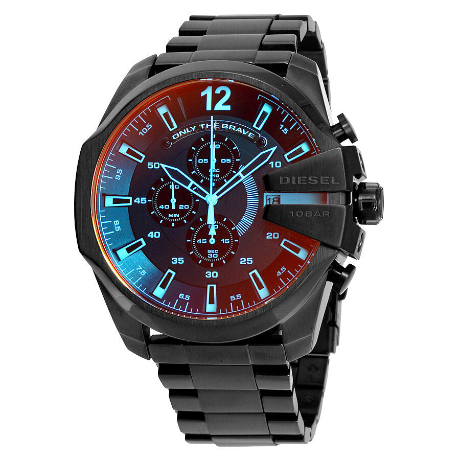 Diesel Mega Chief black ion-plated chronograph watch with red and blue dial and stainless steel bracelet