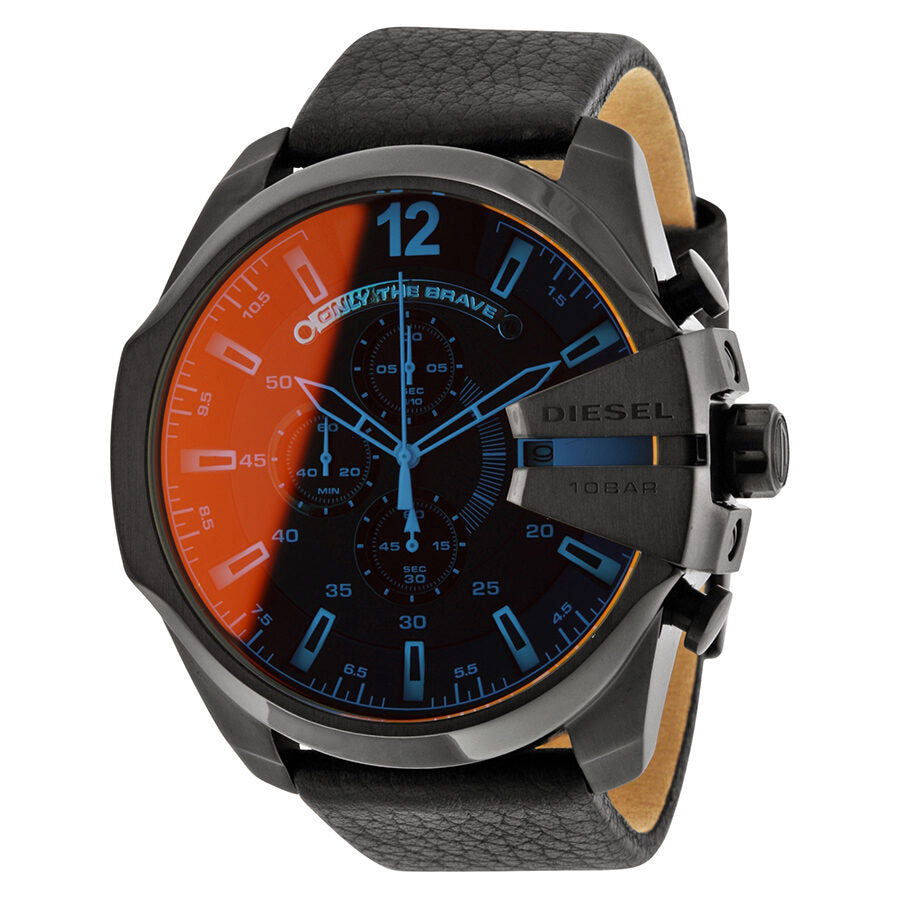 Diesel Mega Chief chronograph men's watch with black dial, blue indices, and black leather strap