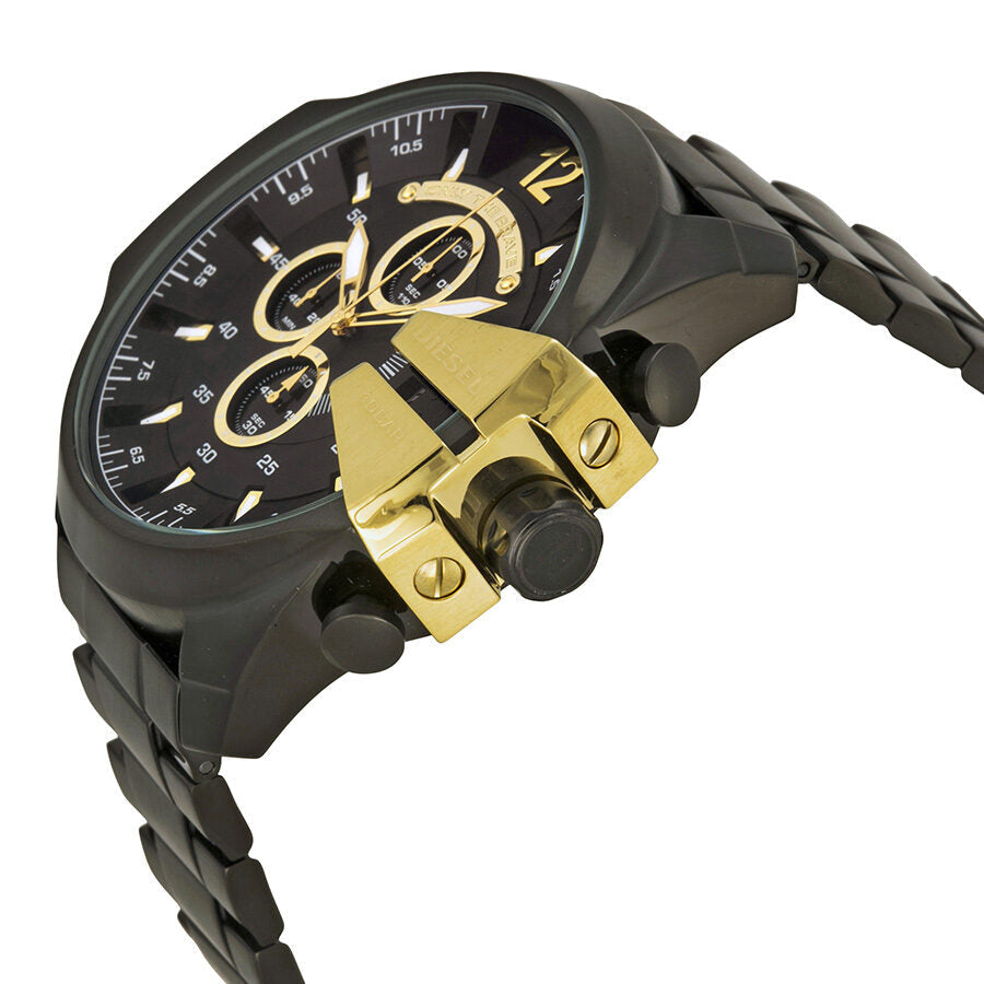 Diesel Mega Chief Chronograph watch displayed at angle showing black bracelet and gold chronograph pushers