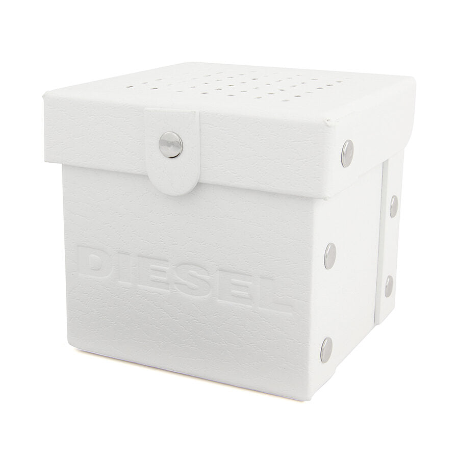 Diesel Mega Chief white watch box packaging with branded button closure
