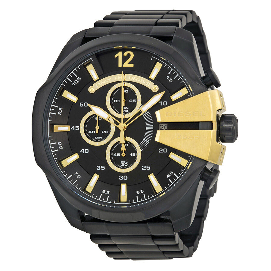 Diesel Mega Chief Chronograph black dial watch with gold chronograph hands and accents
