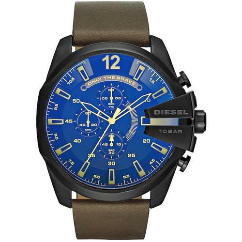 Diesel Mega Chief DZ4401 men's chronograph watch with blue dial, black case, and brown leather strap