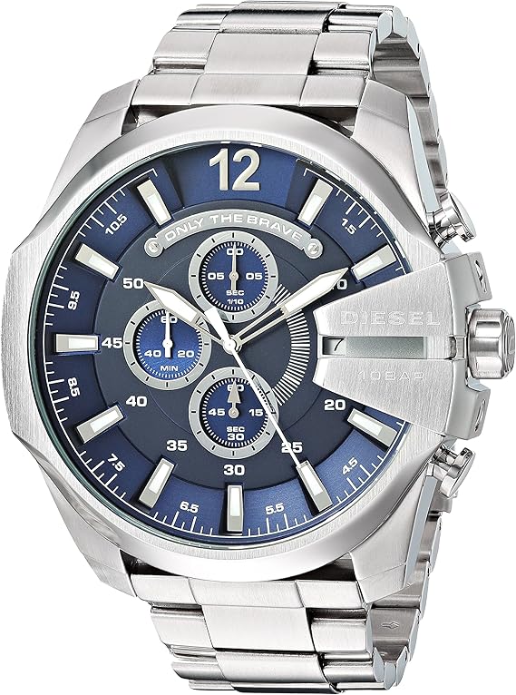 Diesel Mega Chief DZ4417 men's quartz chronograph watch with blue dial and stainless steel case