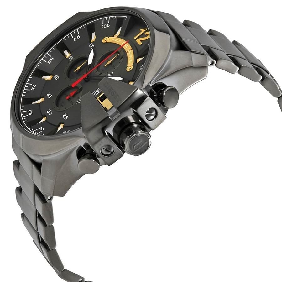 Diesel Mega Chief chronograph watch shown at angle with prominent case pushers and bracelet