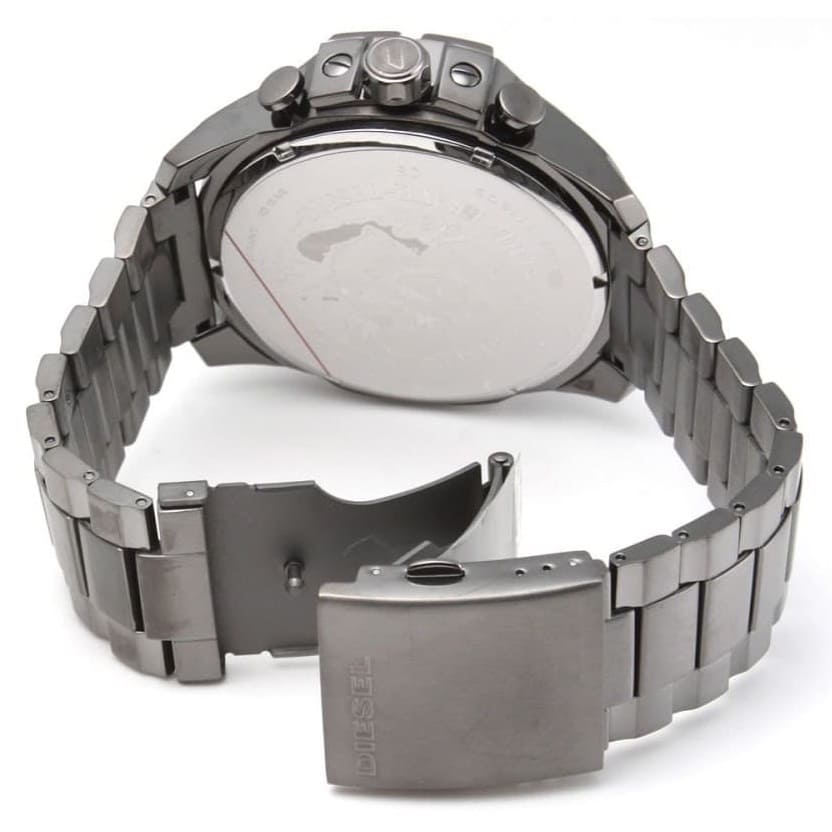 Diesel Mega Chief watch with bracelet and fold-over clasp, rear view with case back visible