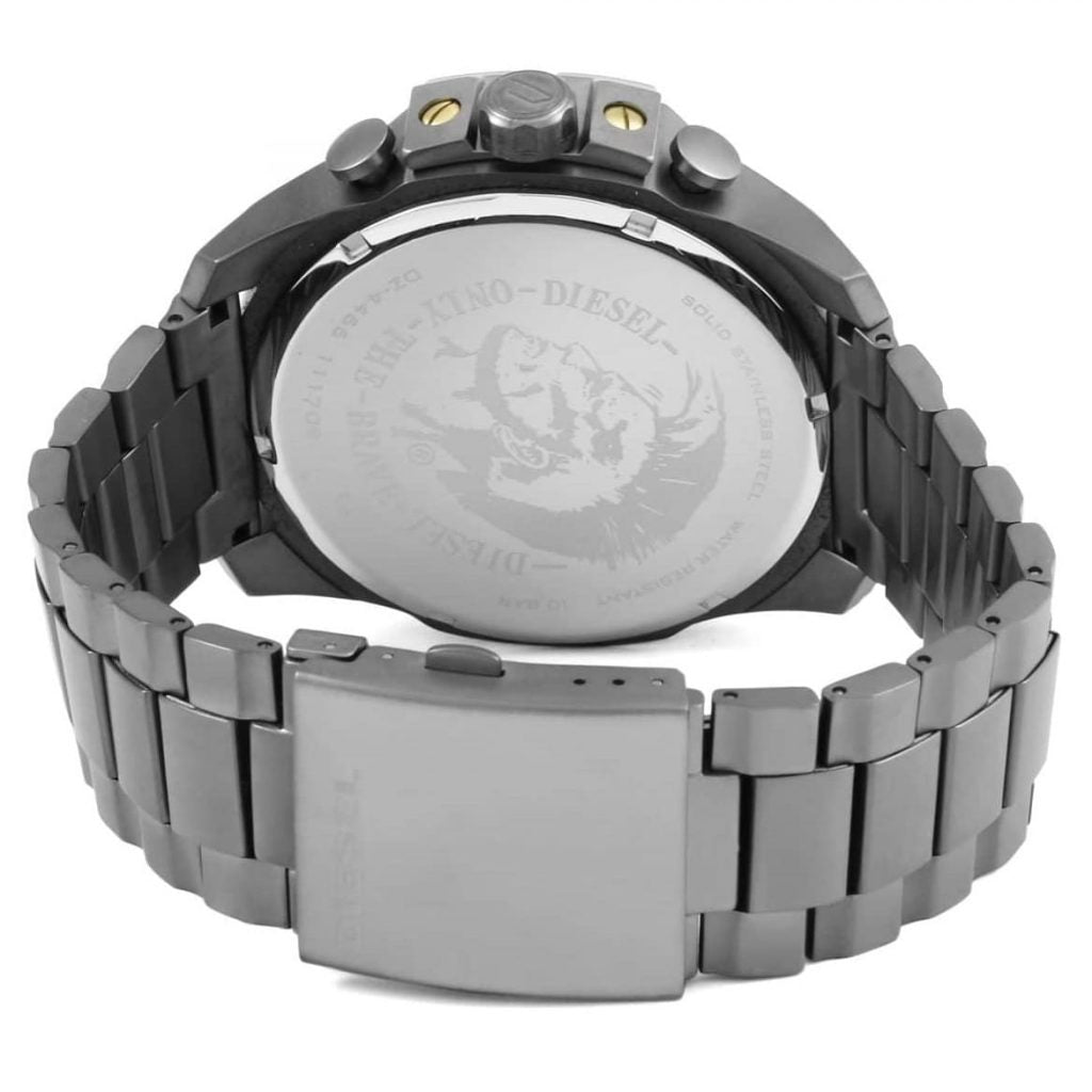 Diesel Mega Chief caseback detail showing engraved logo and case construction