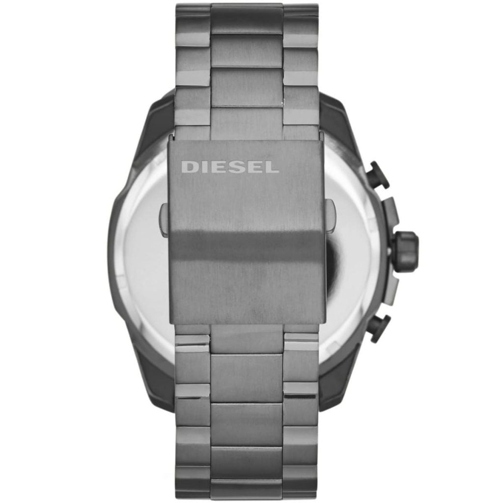 Caseback view of Diesel Mega Chief with stainless steel bracelet and Diesel engraving