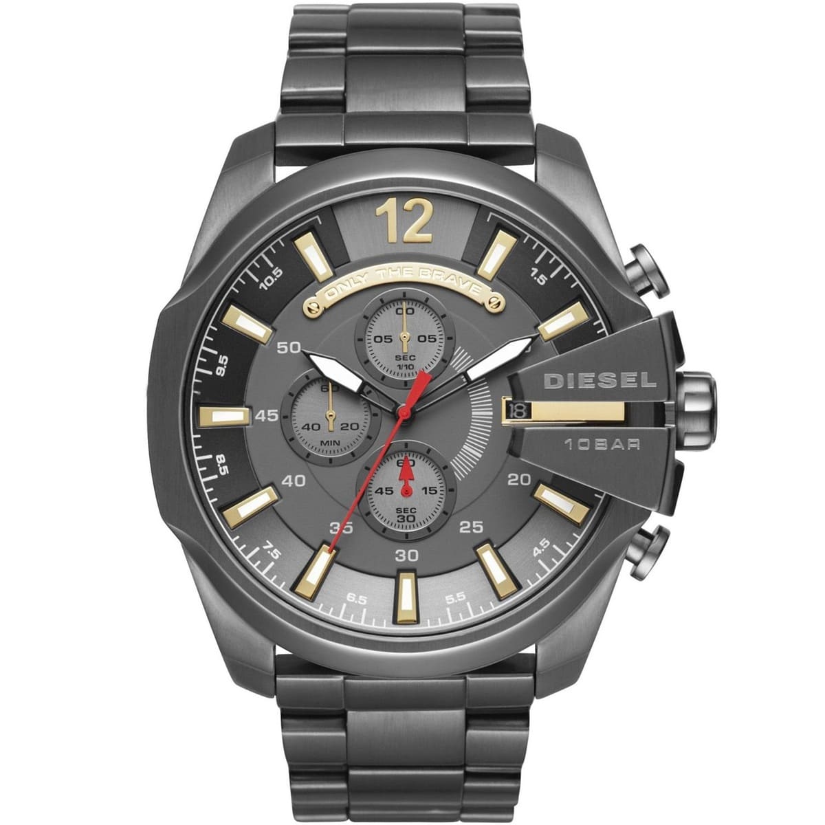 Diesel Mega Chief chronograph with dual subdials, red chronograph hand and stainless steel bracelet