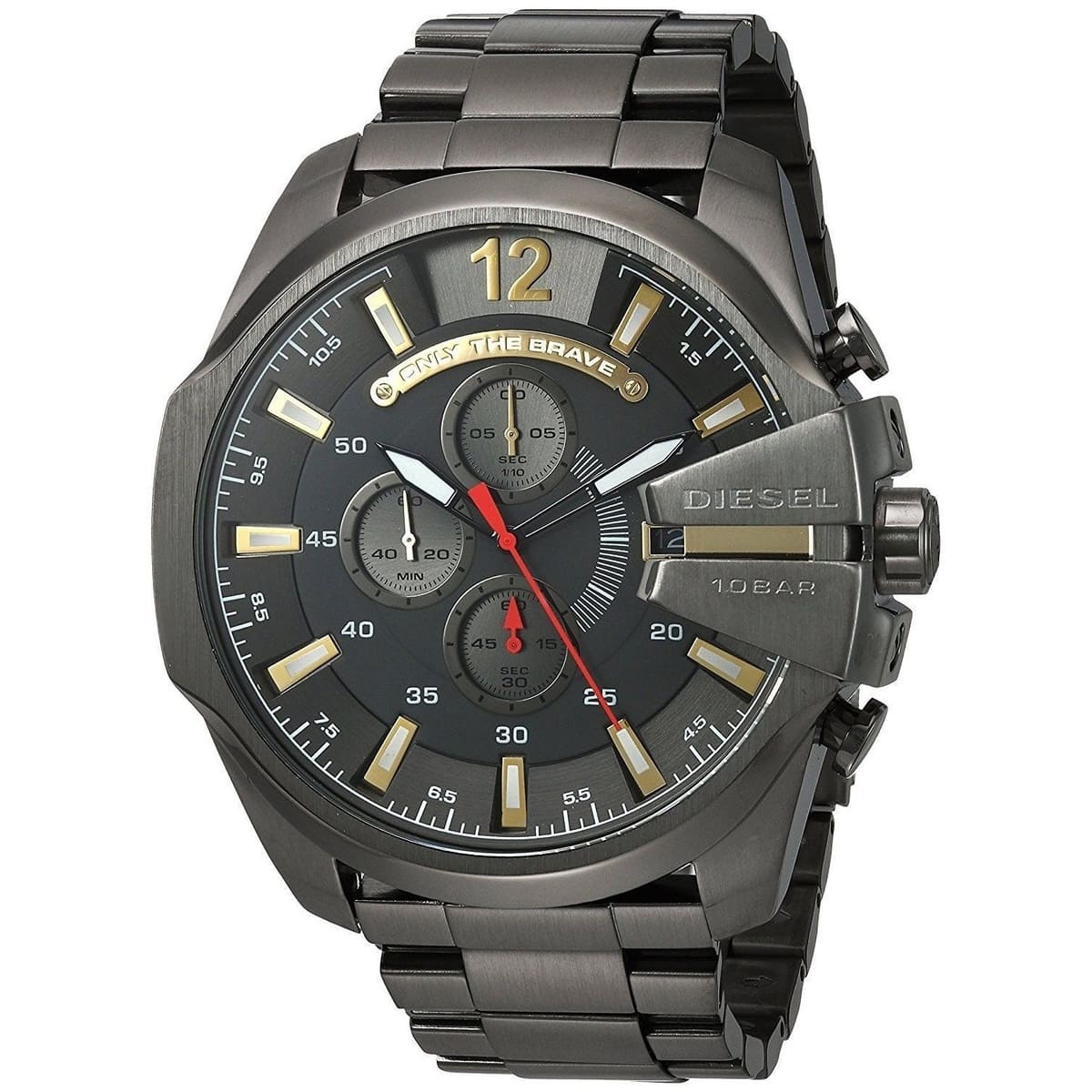 Diesel Mega Chief men's chronograph watch with gunmetal case, black dial and gold hour markers