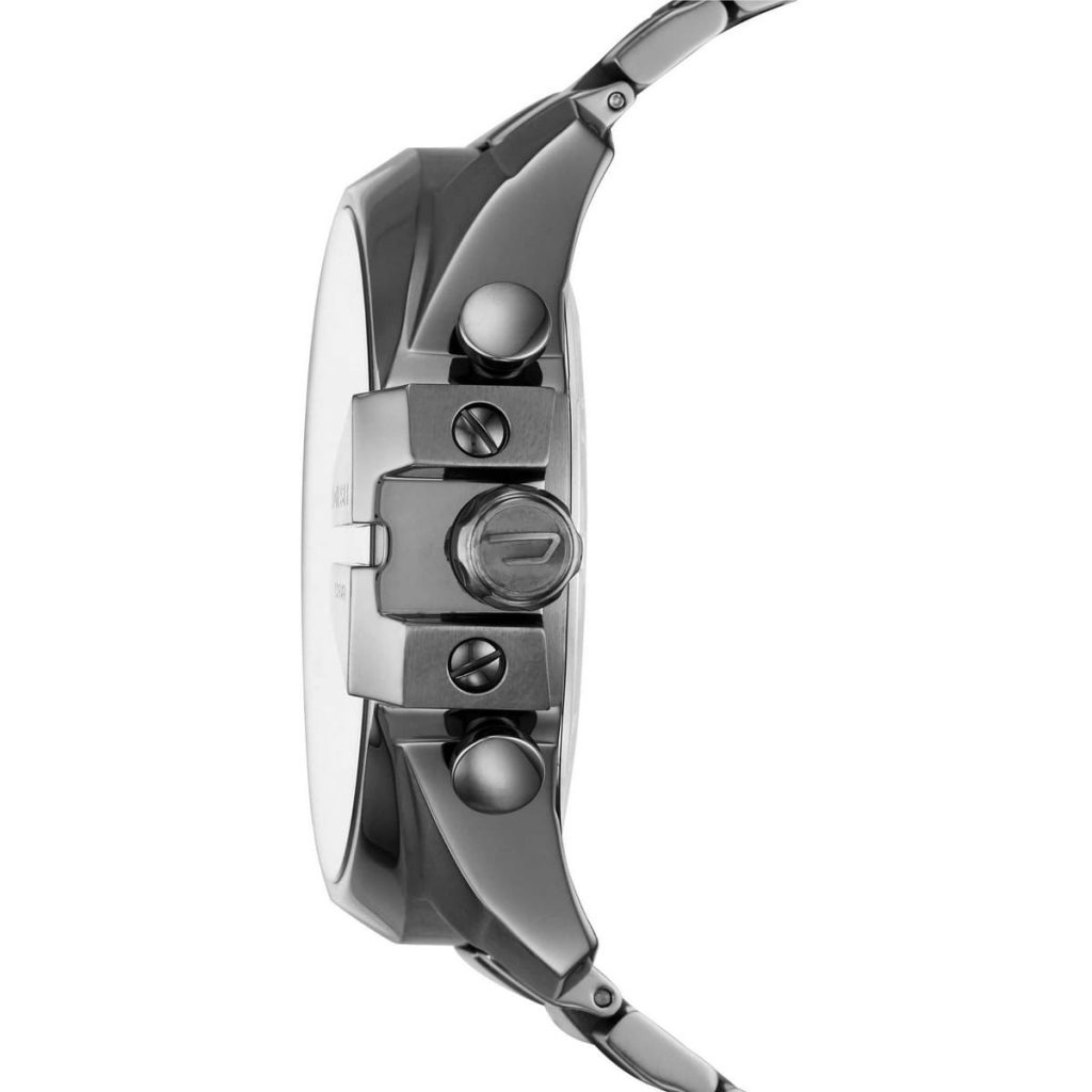 Side profile of Diesel Mega Chief showing case depth, chronograph pushers and bracelet attachment