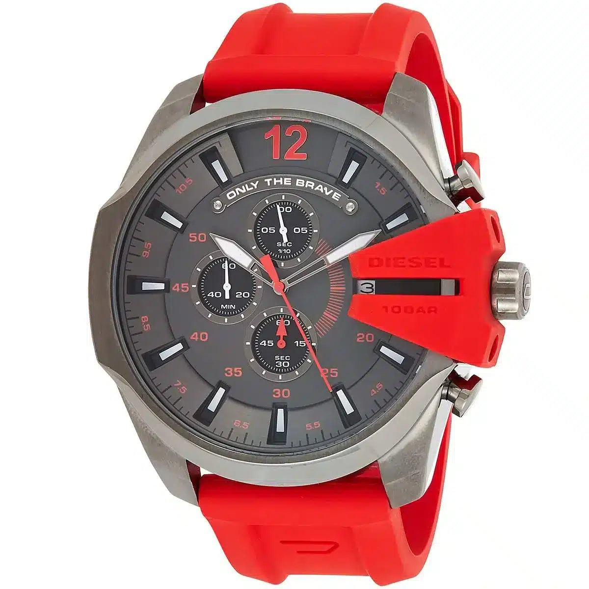 Diesel Mega Chief DZ4427 chronograph watch with three subdials and red strap, front view