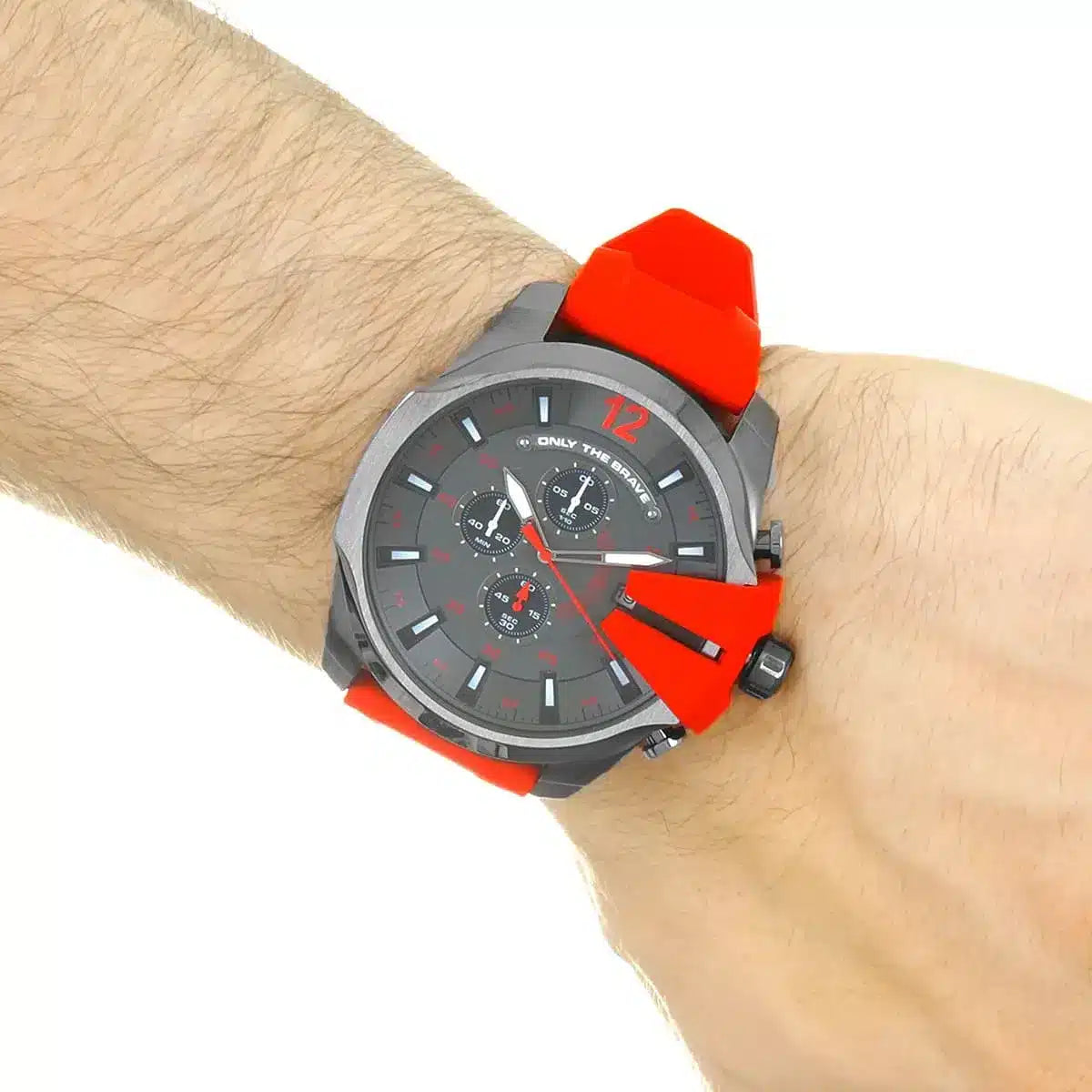 Diesel Mega Chief DZ4427 chronograph watch on wrist displaying gray dial and red rubber strap