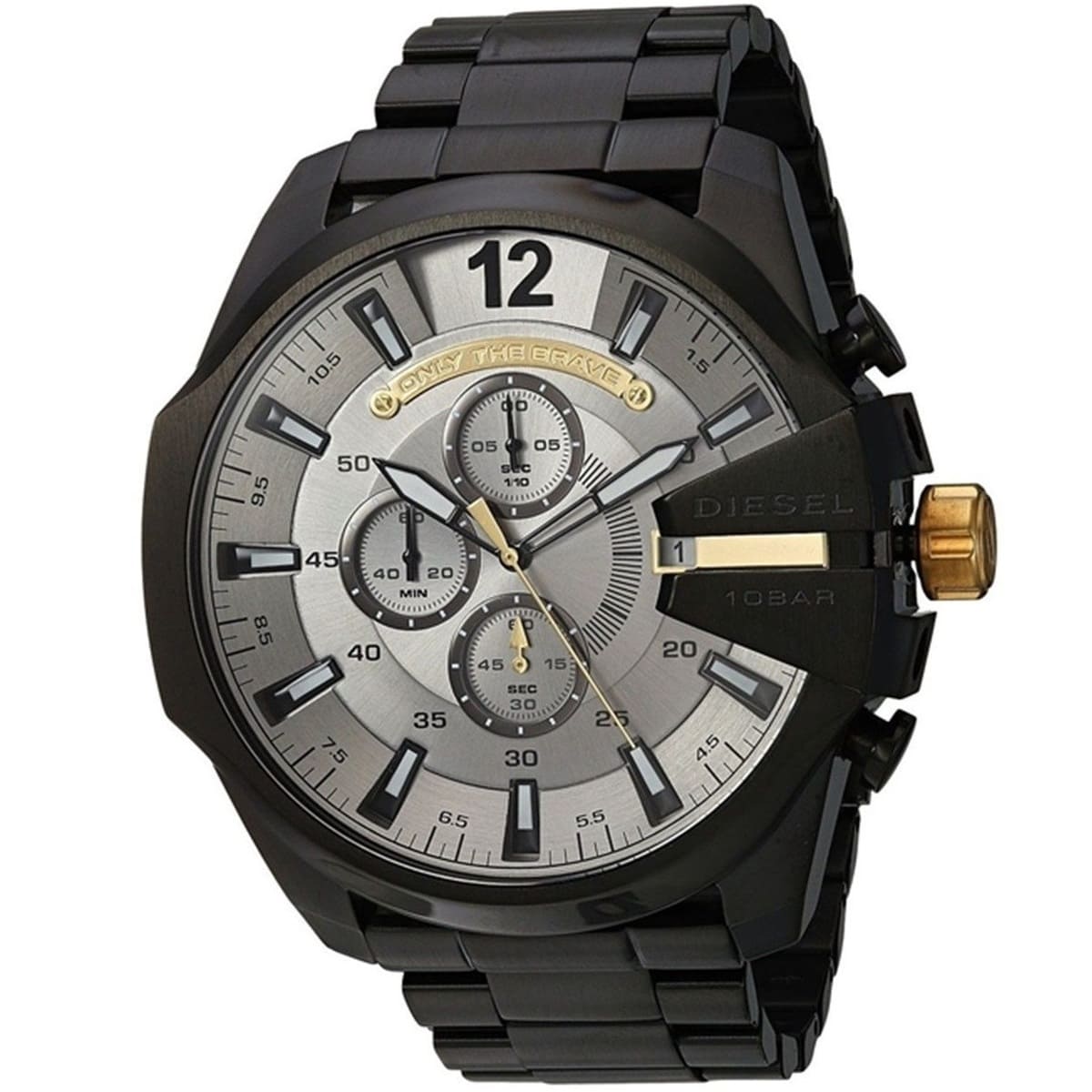 Angled view of Diesel Mega Chief chronograph with gray dial and three subdials, gold-tone crown visible