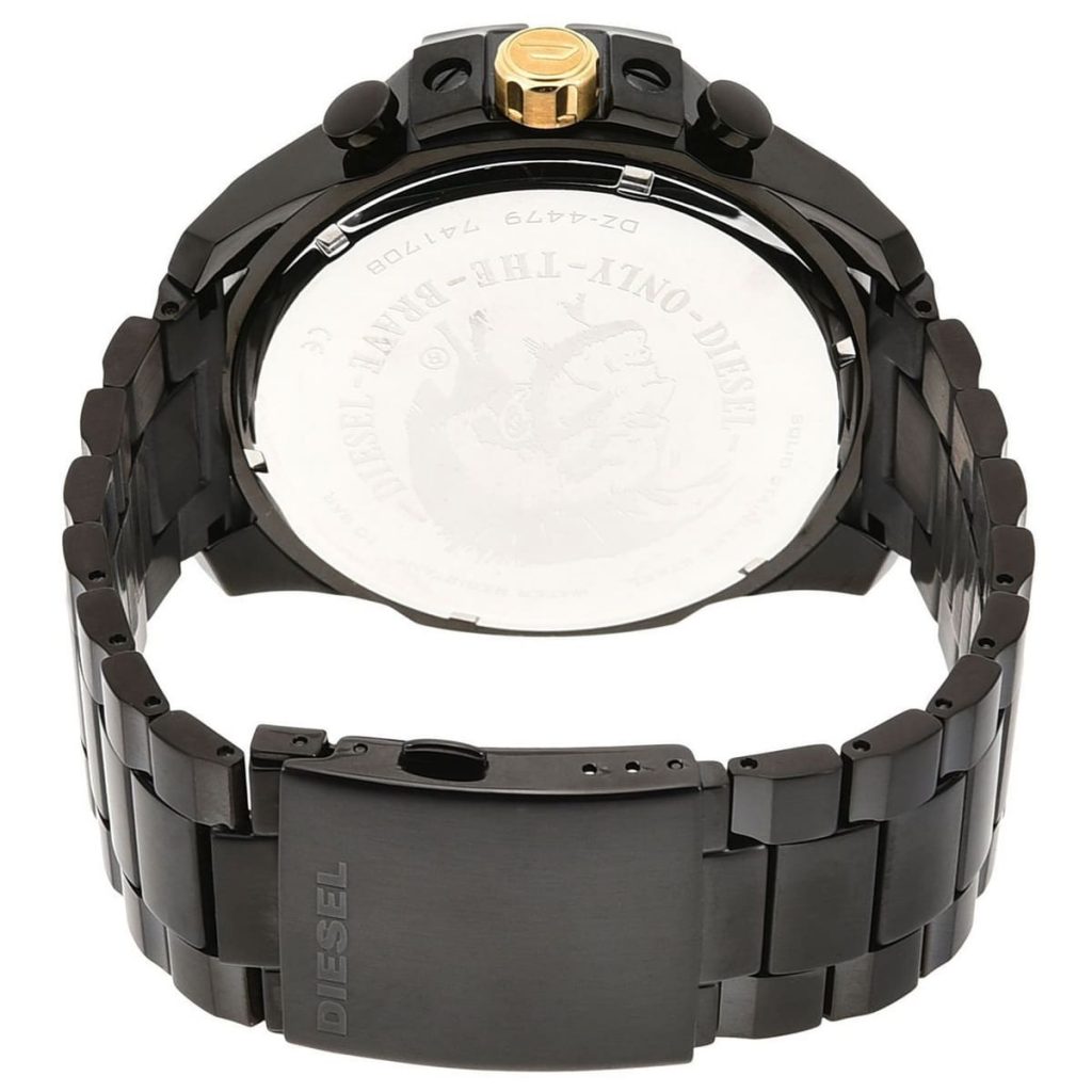 Caseback of Diesel Mega Chief chronograph with engraved markings and gold-tone crown visible from rear