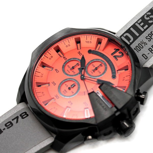 Diesel Mega Chief DZ4535 dial detail showing orange face with chronograph subdials