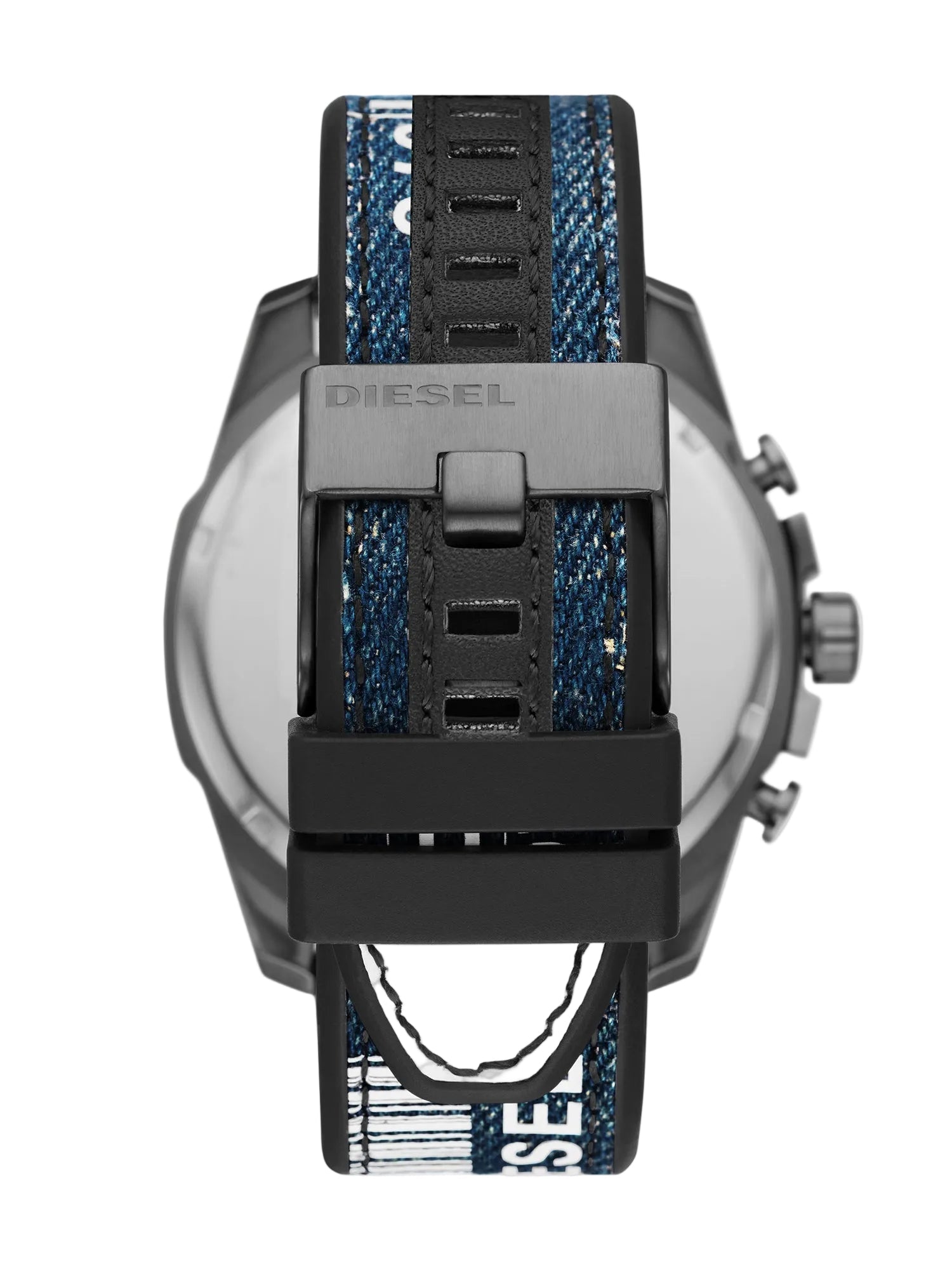 Diesel Mega Chief watch displayed from back with denim strap and clasp visible