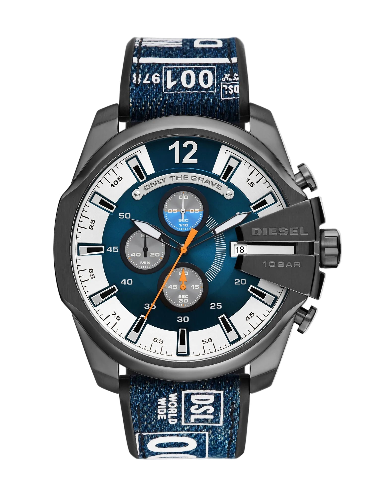 Diesel Mega Chief chronograph watch with blue dial, multicolor denim strap, and gunmetal case