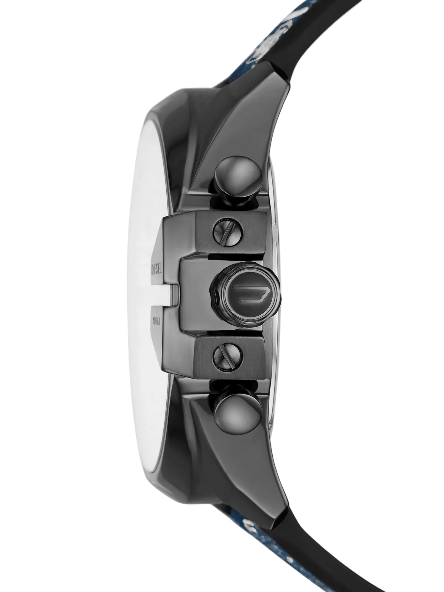 Side profile of Diesel Mega Chief watch showing gunmetal case and denim strap
