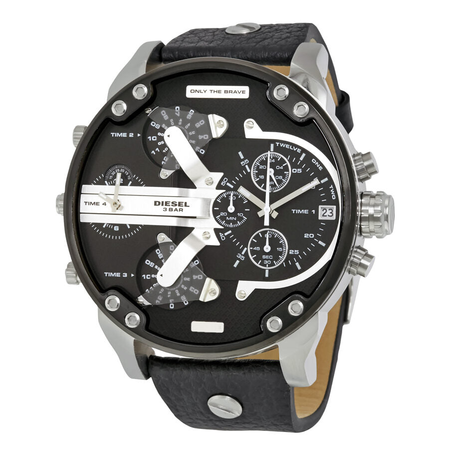 Diesel Mr. Daddy 2.0 black dial chronograph watch with stainless steel case and black leather strap