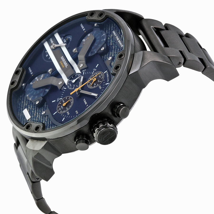 Diesel Mr. Daddy 2.0 DZ7331 watch angled view showing blue dial and gunmetal bracelet