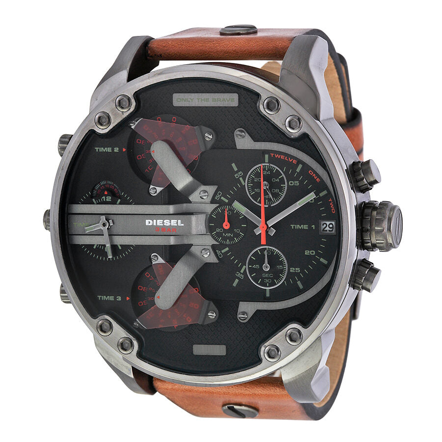 Diesel Mr. Daddy 2.0 chronograph watch with black dial and brown leather strap