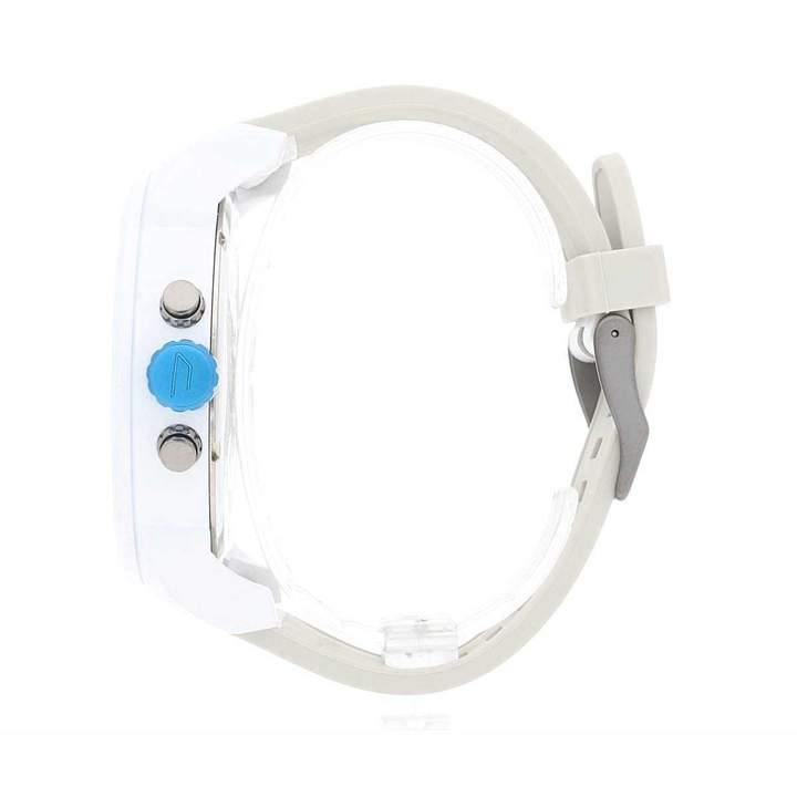 Diesel Mr. Daddy 2.0 white chronograph watch side view with blue pusher visible