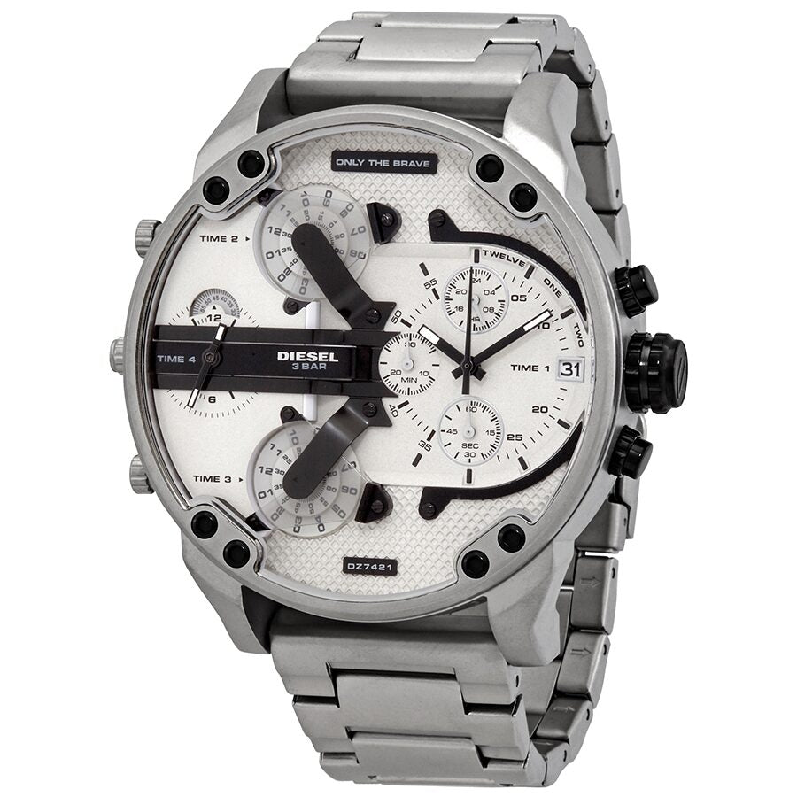 Diesel Mr. Daddy 2.0 chronograph men's watch with white dial and silver stainless steel case