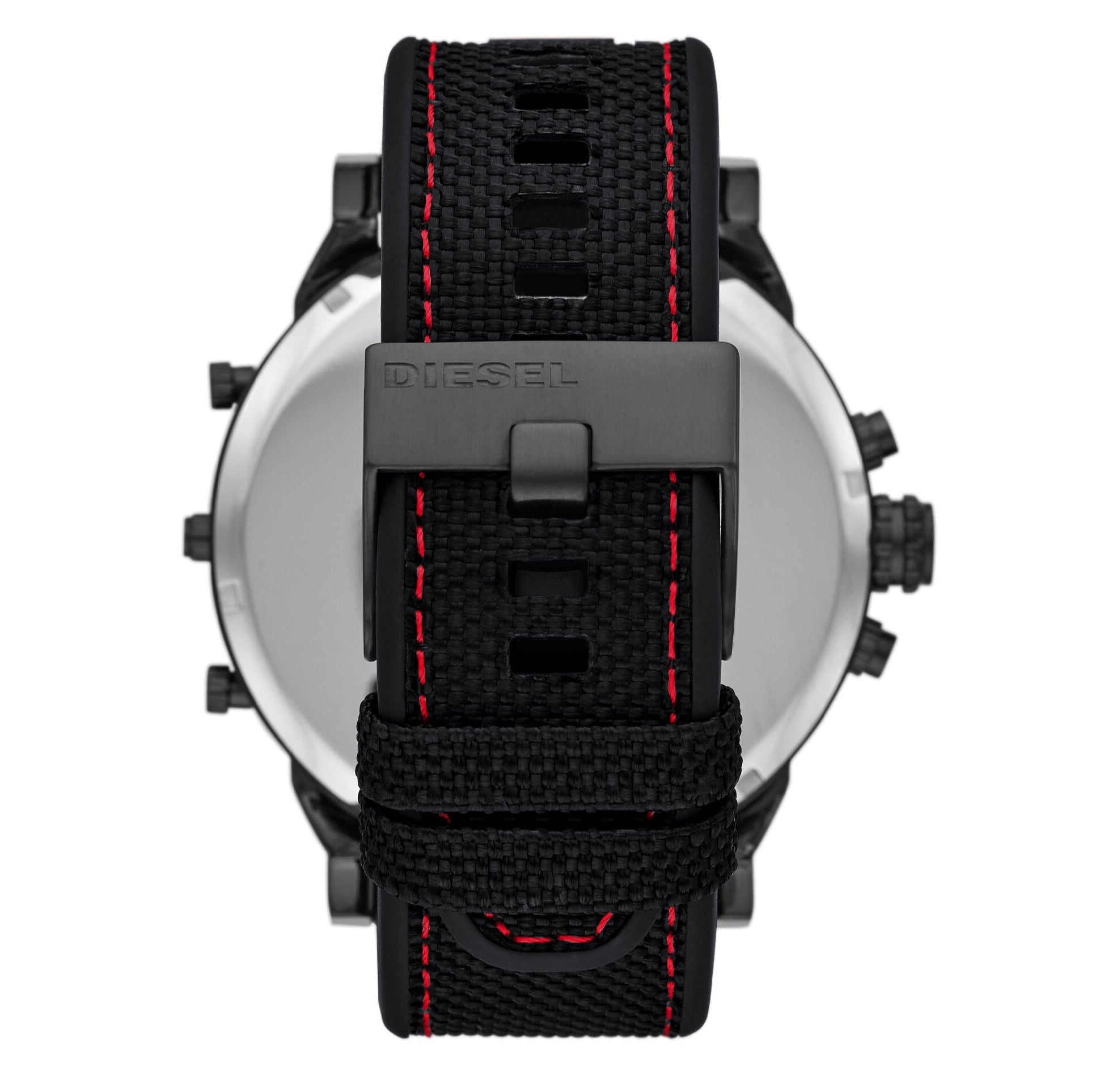 Diesel Mr. Daddy 2.0 watch caseback displaying black textile strap with red stitching and stainless steel case back