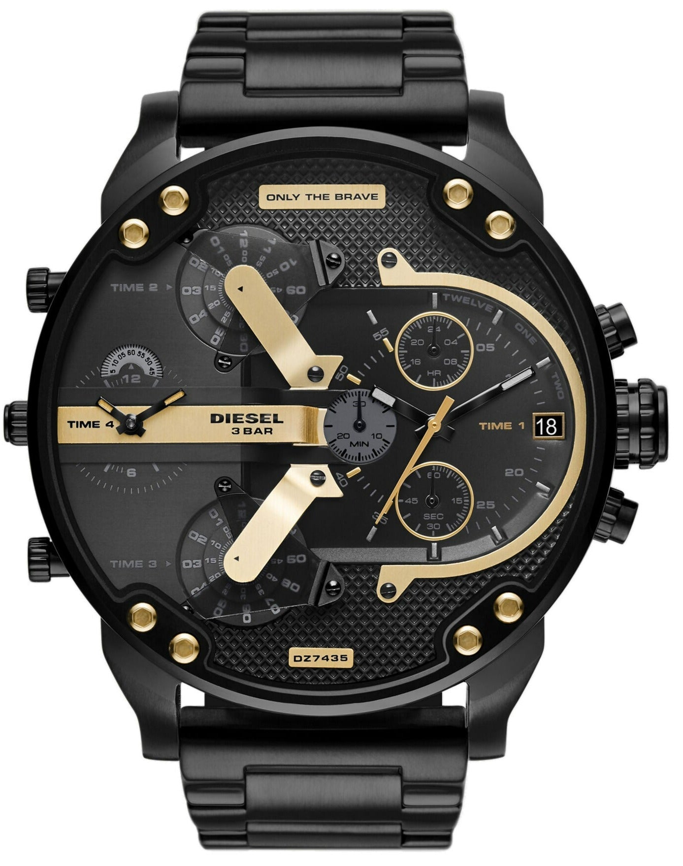 Black chronograph watch with gold hands, dual subdials, and gold-trimmed bezel on black bracelet