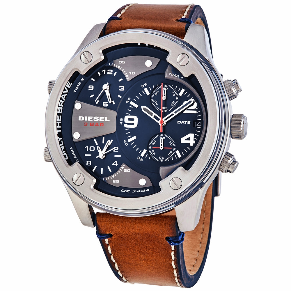 Diesel Mr. Daddy 2.0 Boltdown DZ7424 three-hand chronograph watch with silver case and brown leather strap, angled view