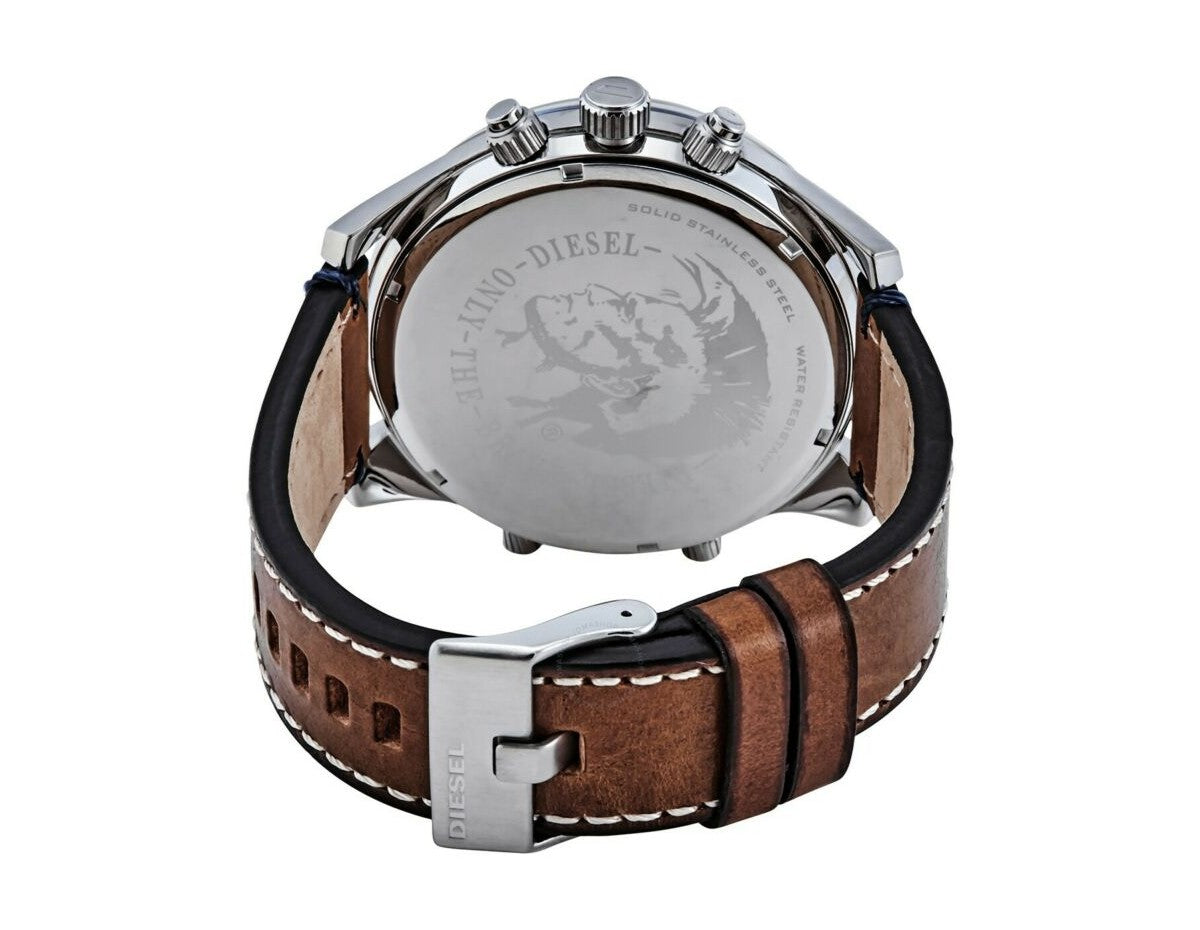 Diesel Mr. Daddy 2.0 DZ7424 stainless steel caseback with engraved bull logo, brown and navy leather strap