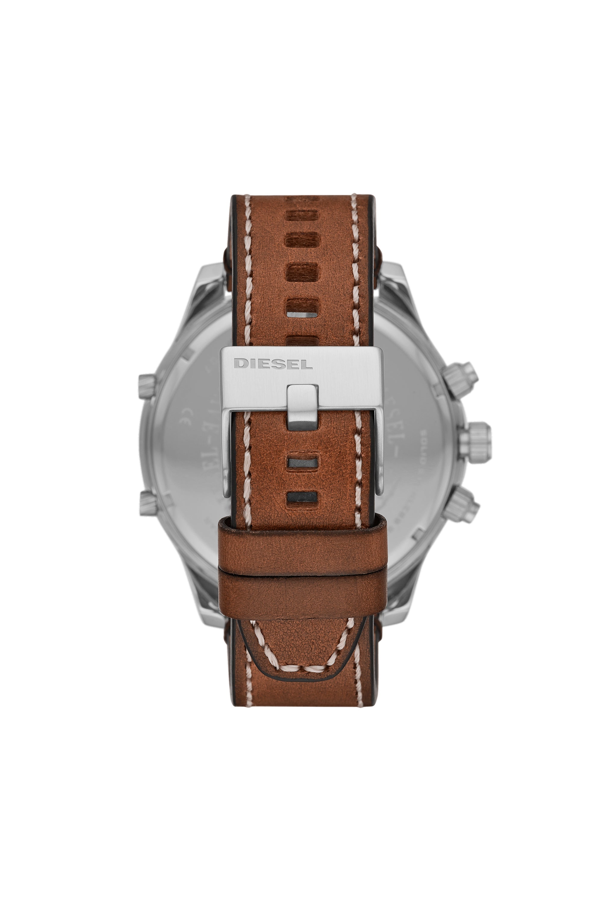 Diesel Mr. Daddy 2.0 DZ7424 caseback showing stainless steel with engraved logo and brown leather strap
