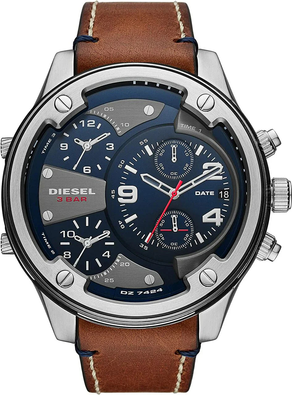 Diesel Mr. Daddy 2.0 DZ7424 chronograph watch with navy dial and brown leather strap, front view