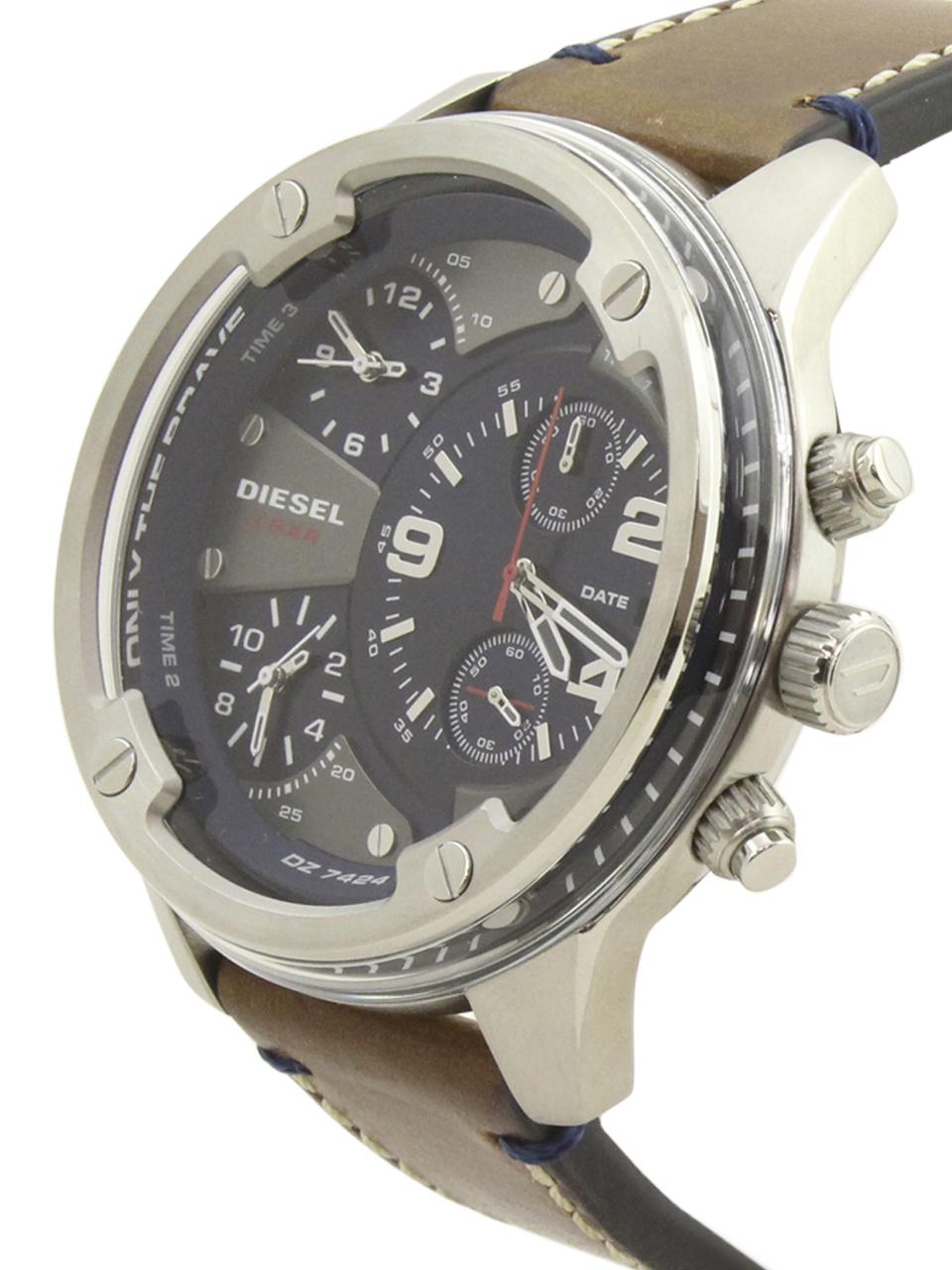 Diesel Mr. Daddy 2.0 Boltdown DZ7424 chronograph watch on wrist, showing navy dial and brown leather strap