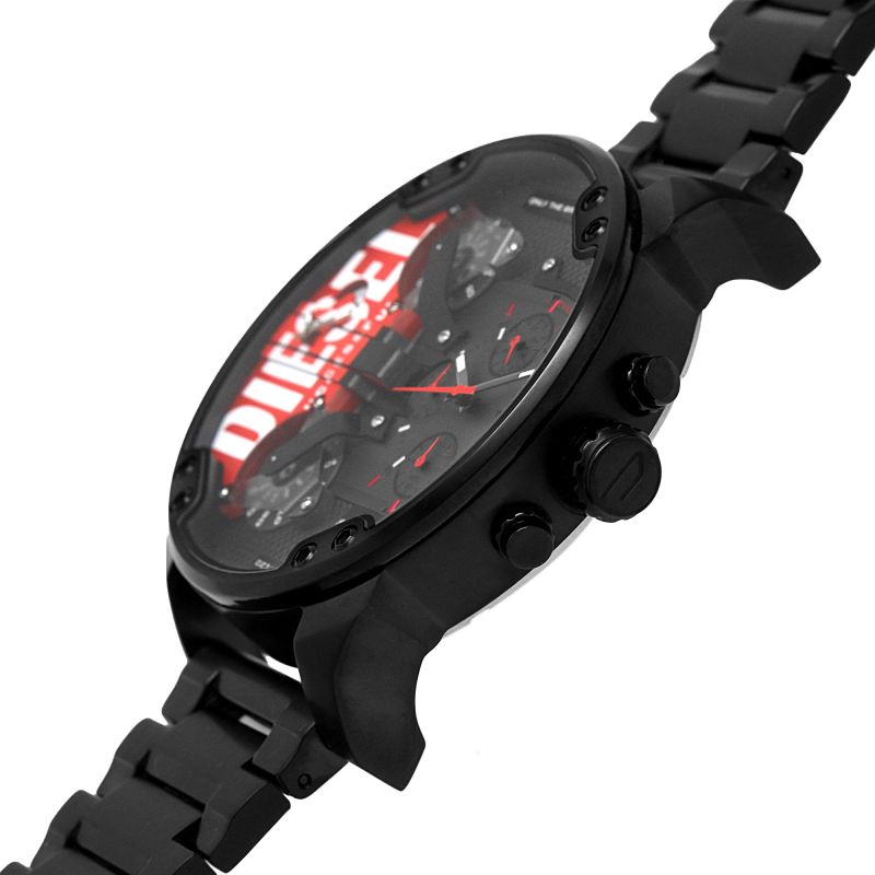 Diesel Mr. Daddy 2.0 DZ7463 side angle view showing black chronograph watch with red time zone dial