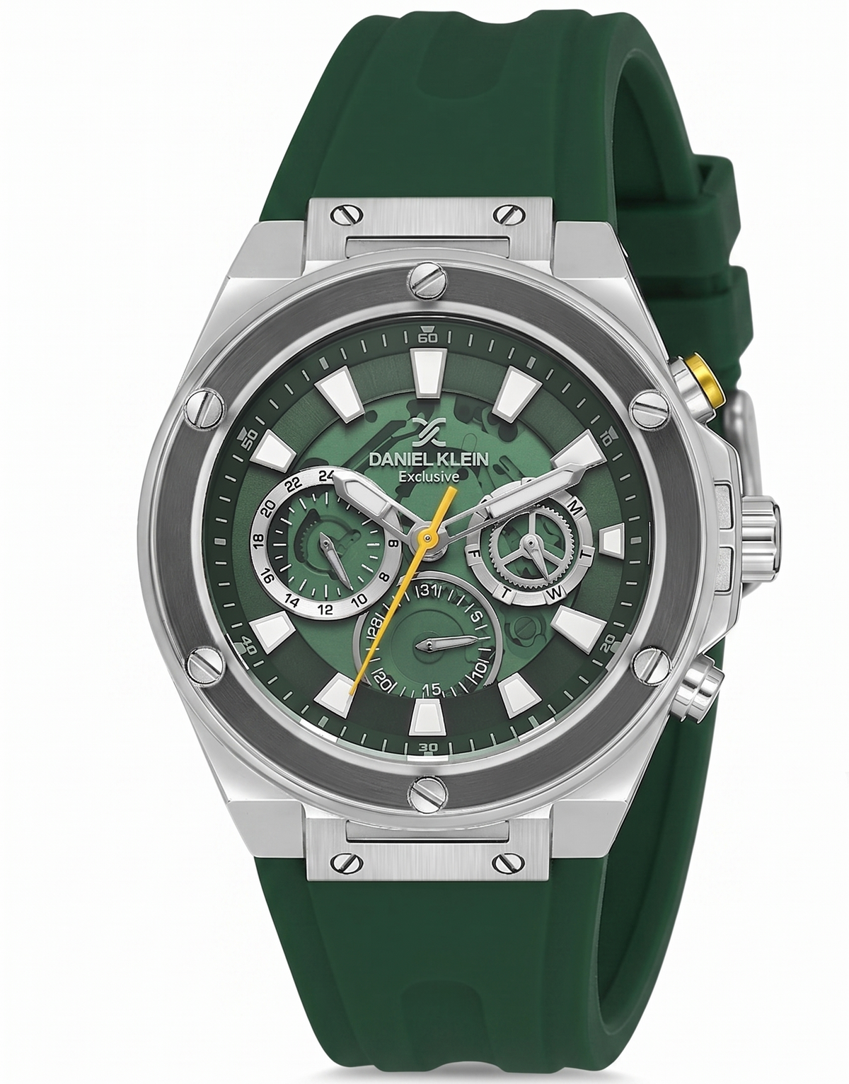 Daniel Klein green skeleton chronograph watch with silver case and green silicone strap