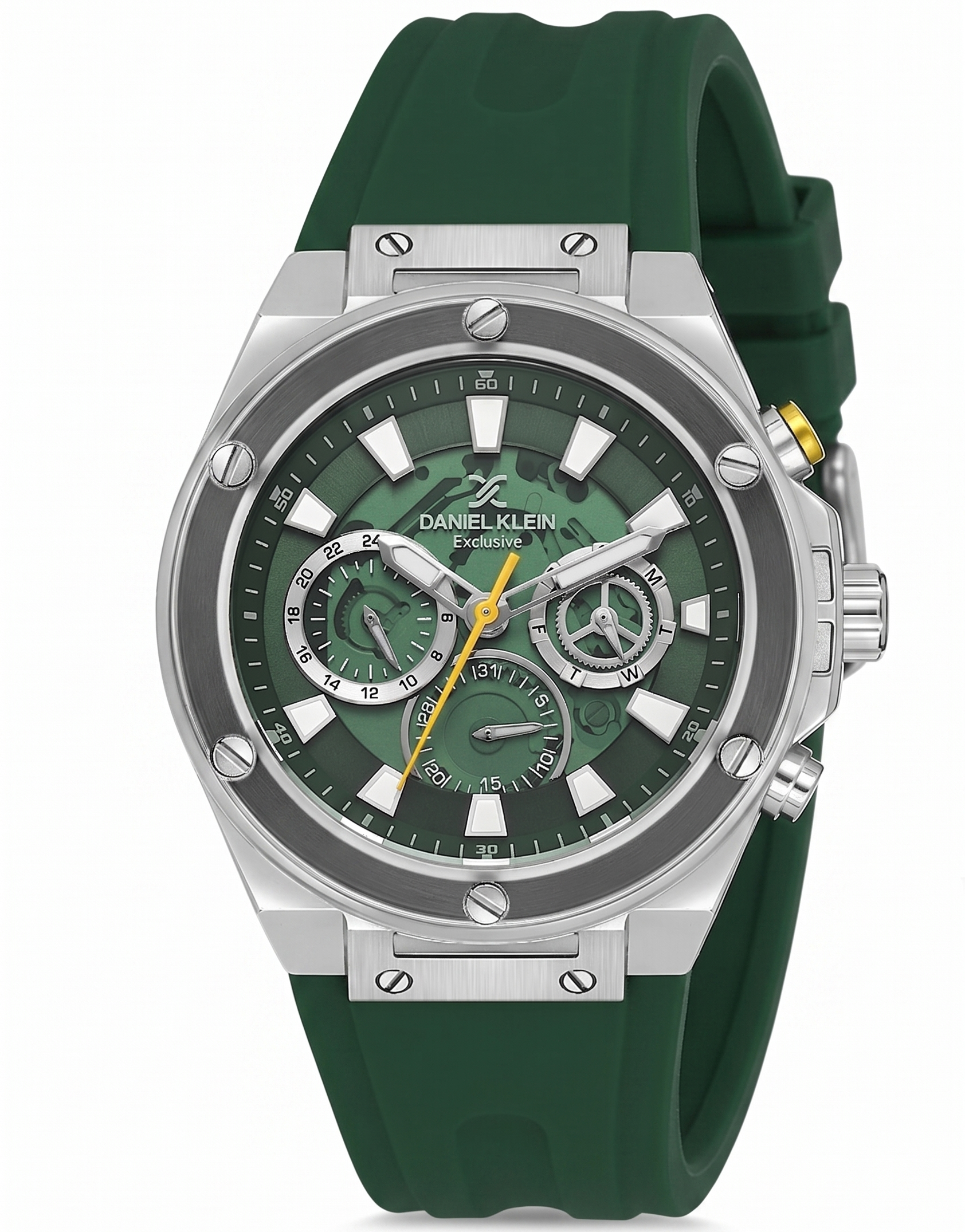 Daniel Klein green skeleton chronograph watch with silver case and green silicone strap