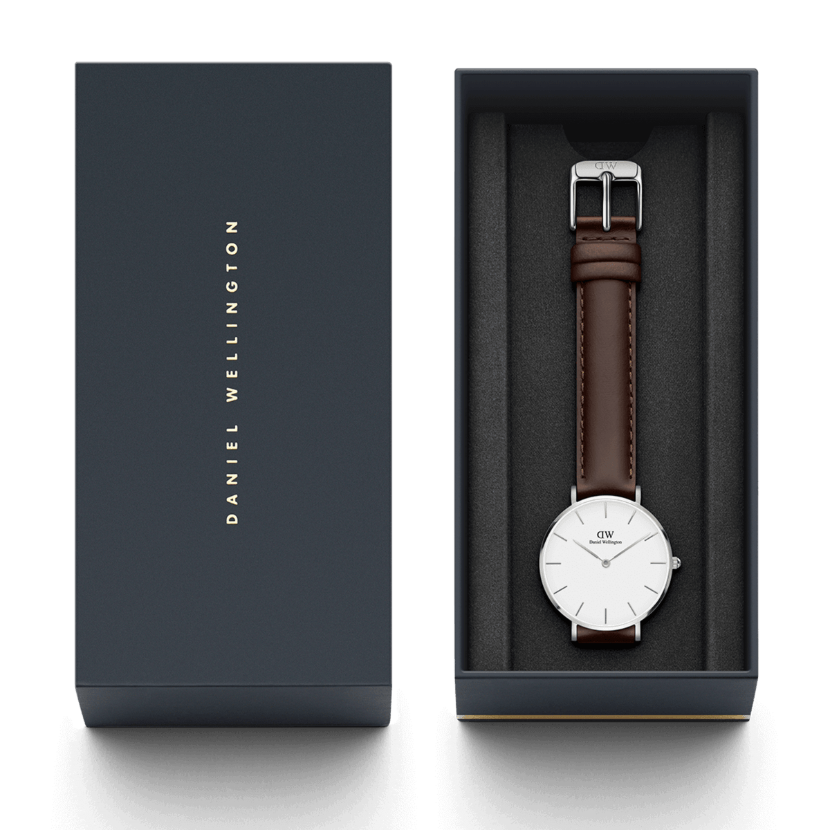 Daniel Wellington branded packaging box with watch inside