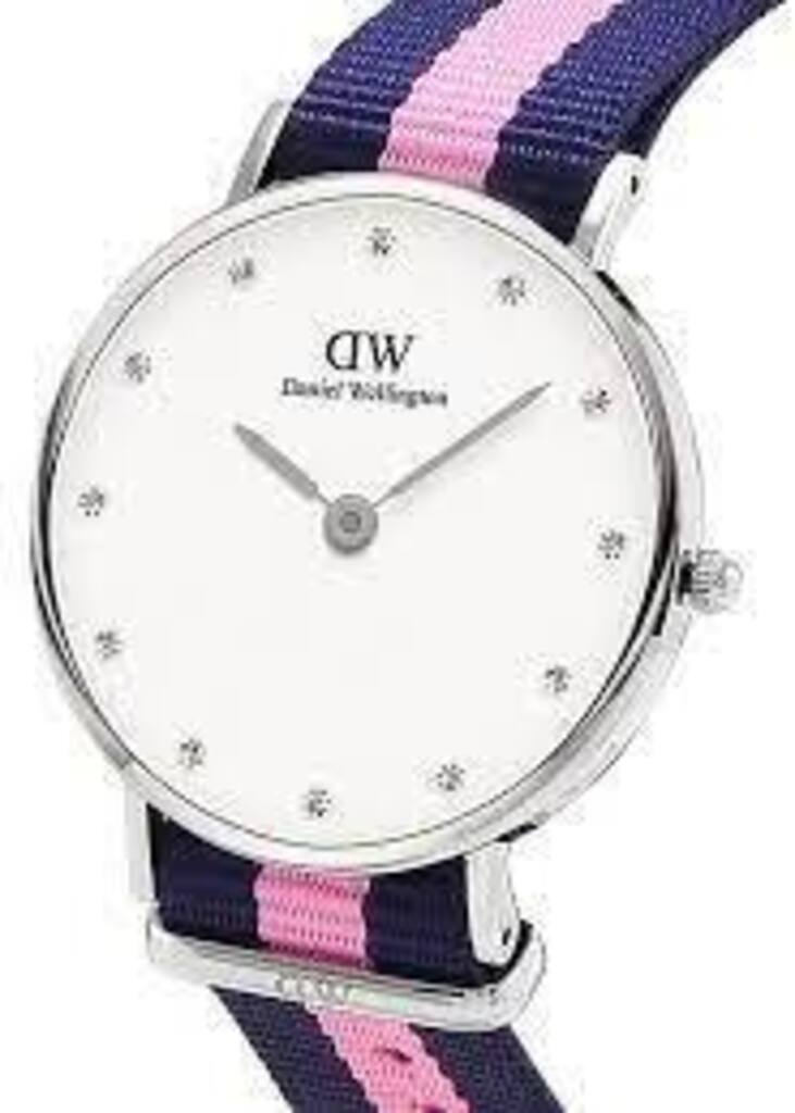 Angled view of Classy Winchester watch showing white dial, silver markers, and striped strap