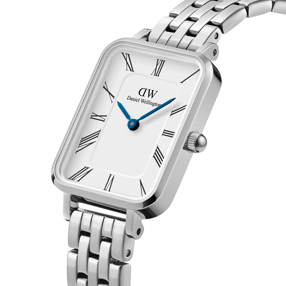 Daniel Wellington Quadro women's watch side angle view showing rectangle case and steel bracelet