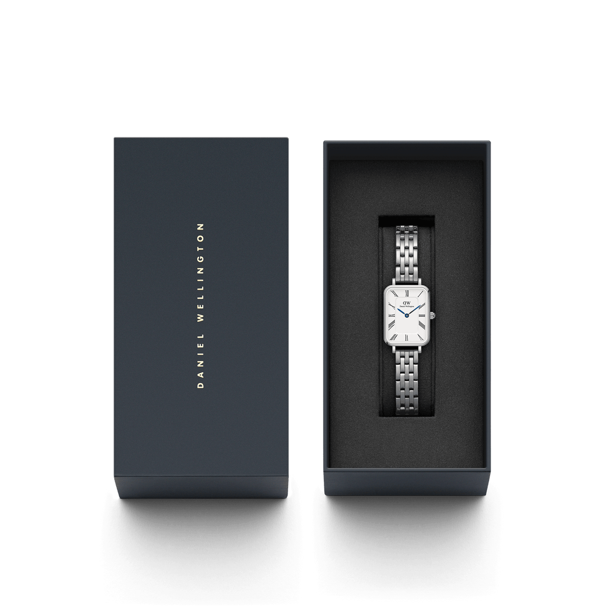 Daniel Wellington Quadro women's watch in branded gift box packaging with watch visible inside