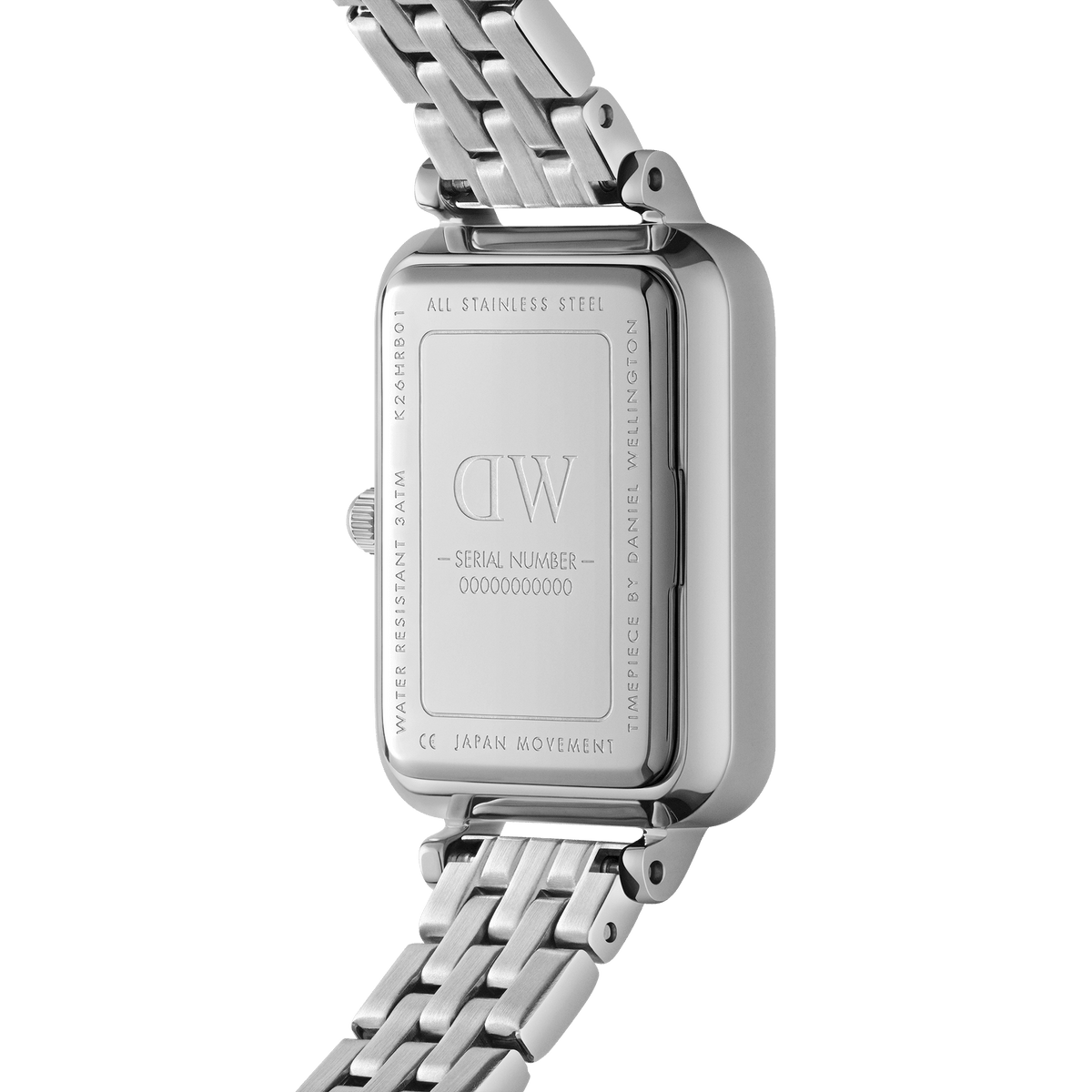 Daniel Wellington Quadro women's watch caseback showing stainless steel construction and serial number