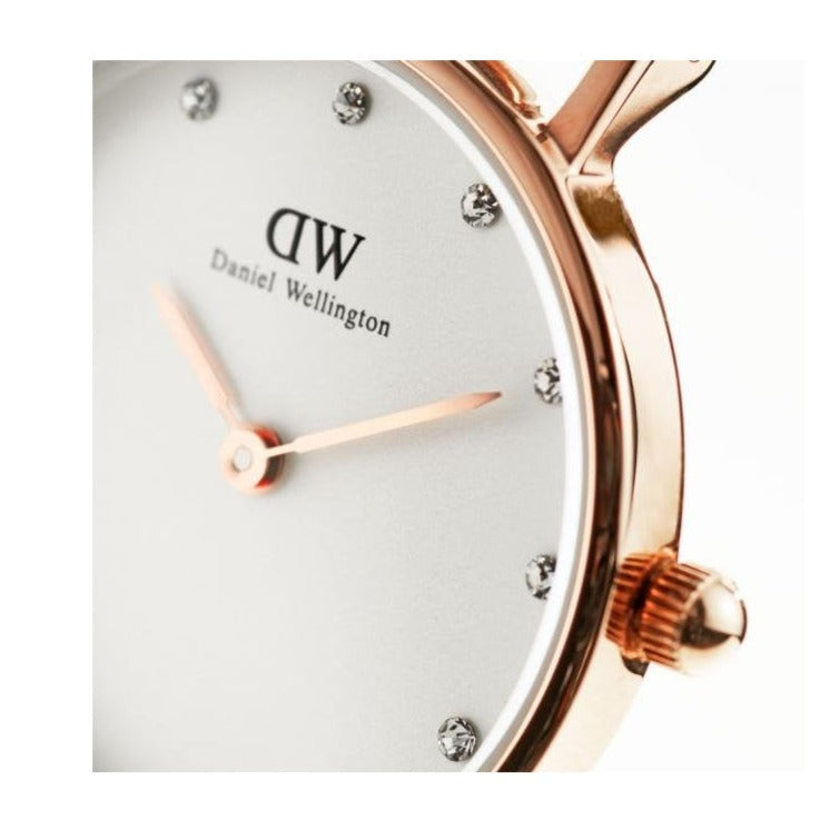 Close-up of DW Classy Winchester dial showing crystal indices and rose gold case