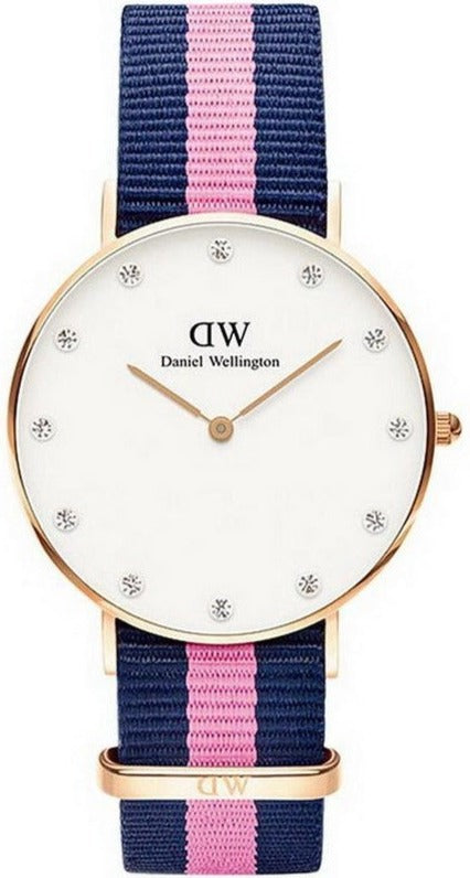 Daniel Wellington Classy Winchester women's watch with white dial and navy-pink striped strap